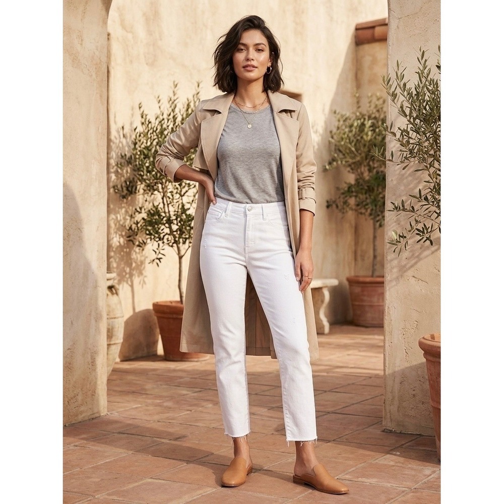 Paige Cindy Crop Jeans White High Rise Straight Leg Raw Hem 6615208-4520 Size 26